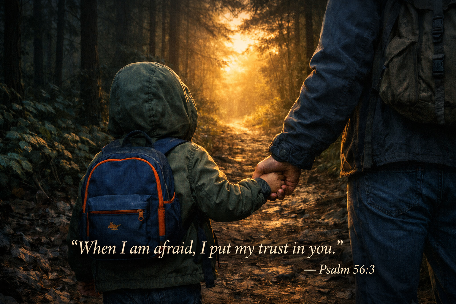 Child clutching parent hand tightly walking through dark forest clearing of warm light visible just ahead trust in fear -- Psalm 56:3 wallpaper